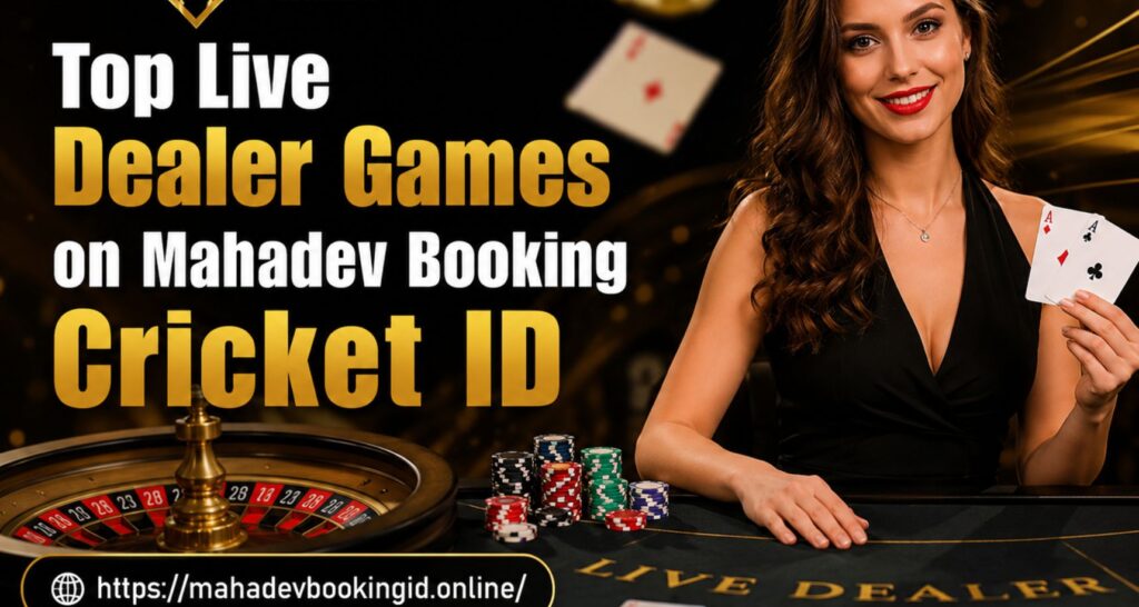Top live dealer games on Mahadev Booking Cricket ID with casino table and cards.