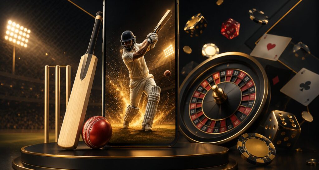 Mahadev Booking online betting and casino app featuring cricket betting, live casino games, smartphone interface, roulette wheel, cricket bat, ball, and gaming chips.