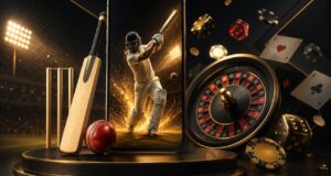 Mahadev Booking online betting and casino app featuring cricket betting, live casino games, smartphone interface, roulette wheel, cricket bat, ball, and gaming chips.