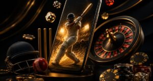 Premium online cricket betting and casino app illustration featuring a smartphone, cricket ball, roulette wheel, casino chips, dice, and a luxury black and gold gaming theme.