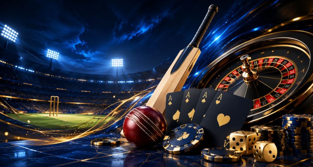 Online cricket gaming and casino platform with cricket bat, ball, playing cards, roulette wheel, chips, and dice in a stadium background.