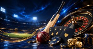 Online cricket gaming and casino platform with cricket bat, ball, playing cards, roulette wheel, chips, and dice in a stadium background.