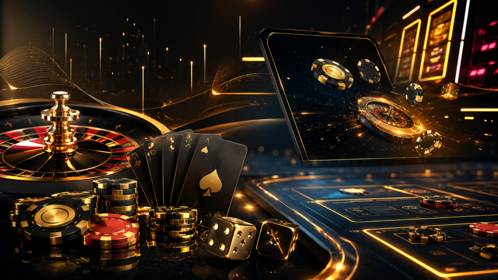 Online casino gaming with cards, chips, roulette, and dice in premium gold theme