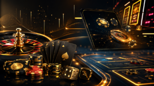 Online casino gaming with cards, chips, roulette, and dice in premium gold theme