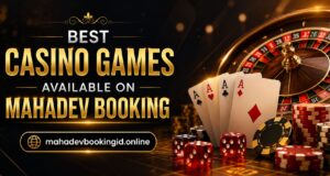 Mahadev Booking casino games banner featuring roulette wheel, playing cards, dice, and poker chips.