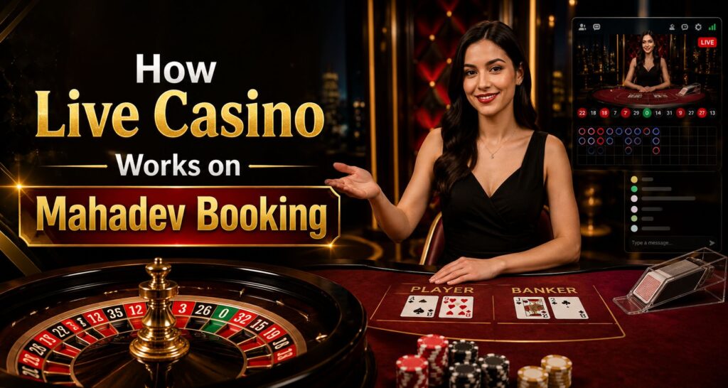 Live casino on Mahadev Booking with dealer and roulette table.