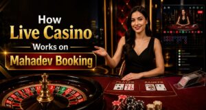 Live casino on Mahadev Booking with dealer and roulette table.