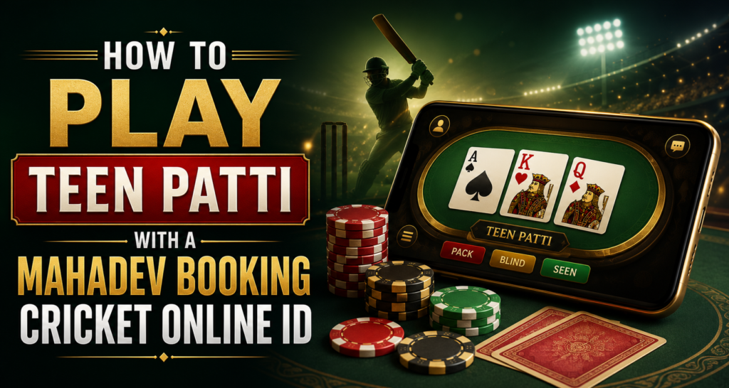 How to Play Teen Patti with a Mahadev Booking Cricket Online ID featuring cards, chips, a smartphone game screen, and a cricket stadium background.
