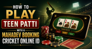 How to Play Teen Patti with a Mahadev Booking Cricket Online ID featuring cards, chips, a smartphone game screen, and a cricket stadium background.