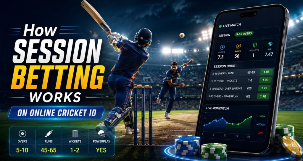 How session betting works on online cricket ID with live cricket match, mobile betting screen, overs, runs, wickets, and session odds.