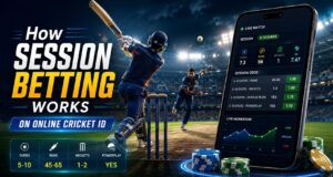 How session betting works on online cricket ID with live cricket match, mobile betting screen, overs, runs, wickets, and session odds.