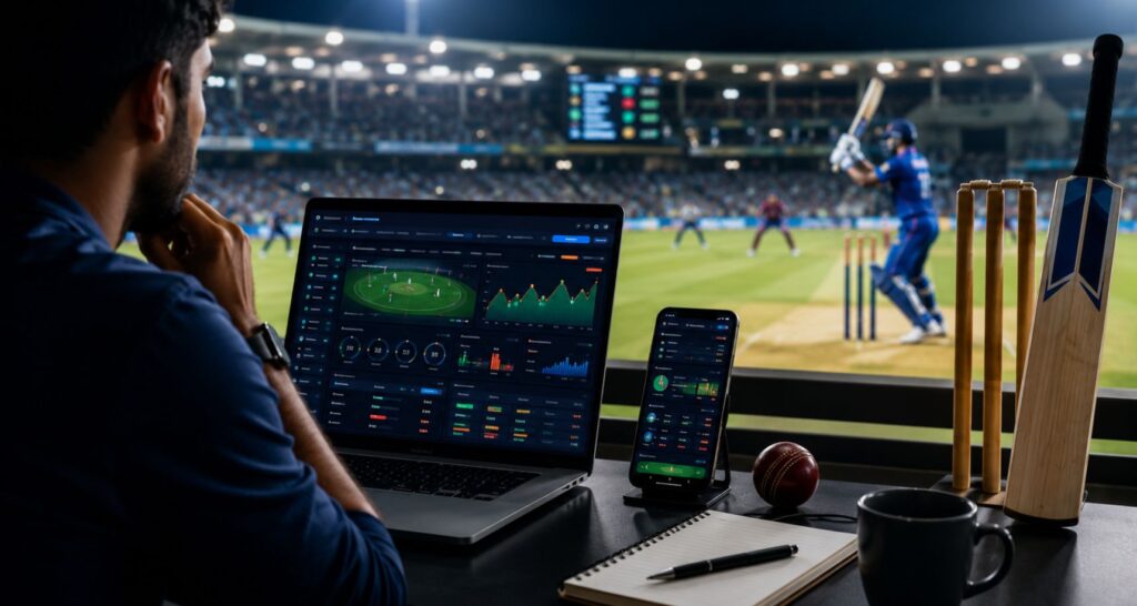 Cricket fan analyzing live match data on laptop and mobile during a stadium game for online betting tips.