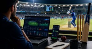 Cricket fan analyzing live match data on laptop and mobile during a stadium game for online betting tips.