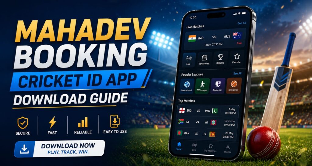 Mahadev Booking cricket ID app download guide banner with smartphone, cricket stadium, bat and ball.