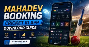 Mahadev Booking cricket ID app download guide banner with smartphone, cricket stadium, bat and ball.
