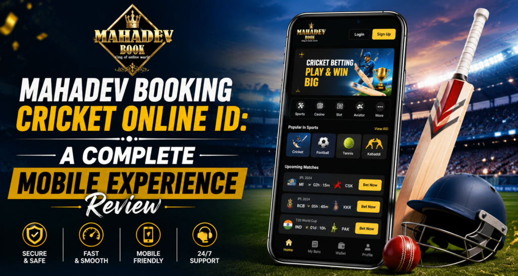 Mahadev Booking Cricket Online ID mobile experience review banner featuring a smartphone with a sports betting interface, cricket bat, helmet, ball, and a stadium background.