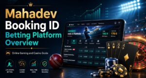 Mahadev Booking ID betting platform overview with cricket, casino games, online gaming dashboard, cards, chips, and stadium lights.