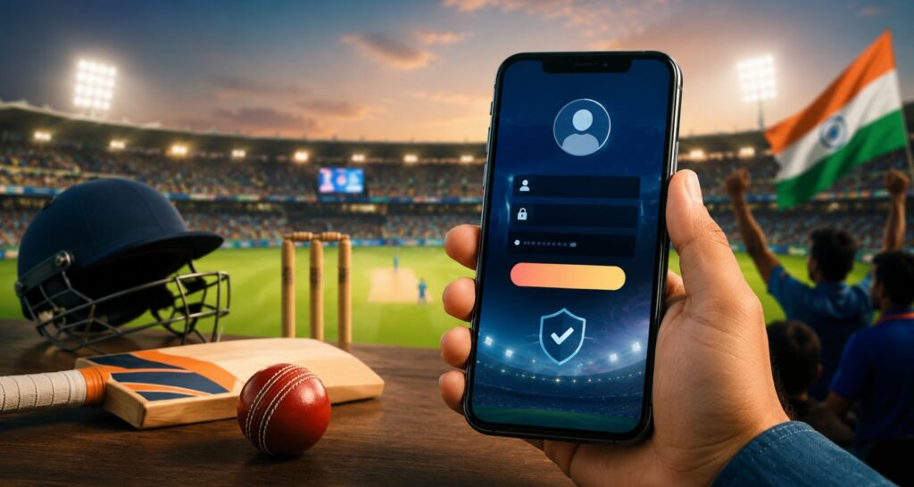 Smartphone showing secure cricket ID access with cricket bat, ball, stadium, and Indian fans in the background.