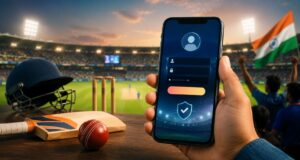 Smartphone showing secure cricket ID access with cricket bat, ball, stadium, and Indian fans in the background.