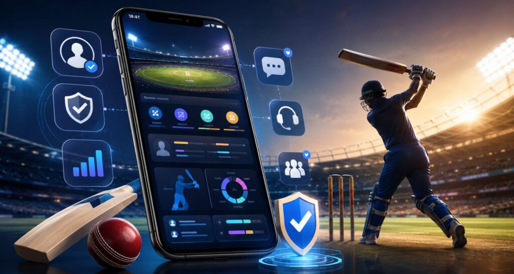 Modern smartphone showing cricket app features with security, support, analytics icons, cricket bat, ball, stadium lights, and player batting in the background.