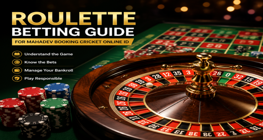 Roulette betting guide featuring a roulette wheel, betting table, casino chips, and responsible gaming tips for Mahadev Booking Cricket Online ID.