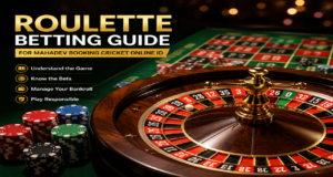 Roulette betting guide featuring a roulette wheel, betting table, casino chips, and responsible gaming tips for Mahadev Booking Cricket Online ID.