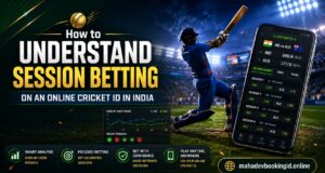 Blog banner showing cricket session betting concept with stadium, batsman, mobile cricket ID interface, live match odds, and Mahadev Booking ID website.